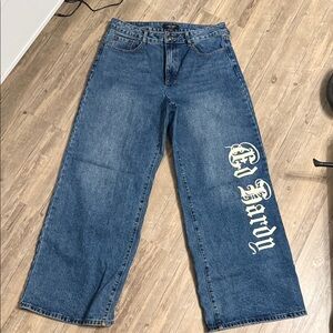 Ed Hardy Blue Relaxed Wide-Leg Jeans with White Script